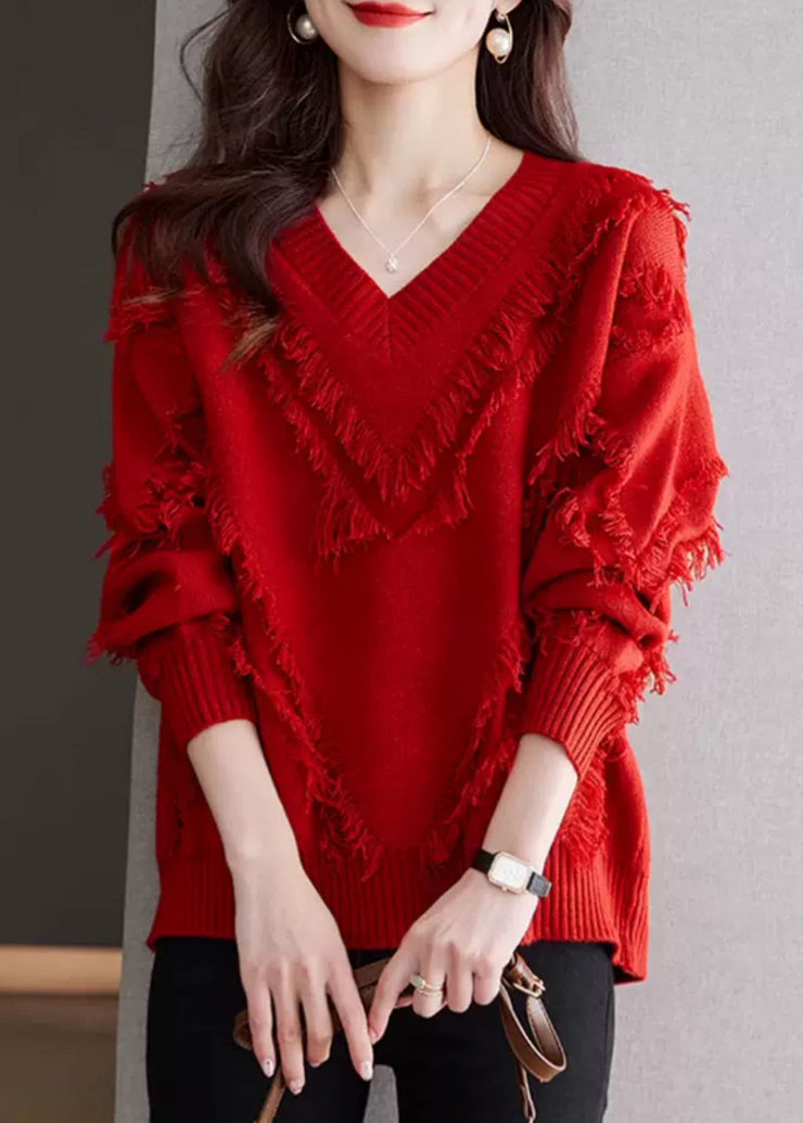 New Red Tasseled Cozy Wool Knit Sweater Fall