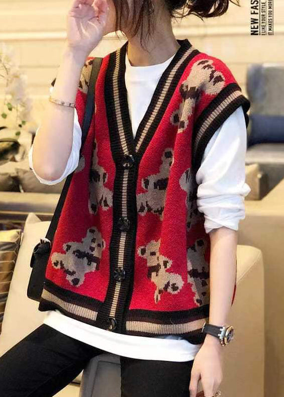 New Red V Neck Cartoon Print Patchwork Knit Vest Sleeveless