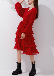 New Red V Neck Elastic Waist Chiffon Pleated Dresses Fall