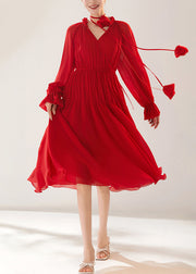 New Red Wrinkled Lace Up Chiffon Dress Fall