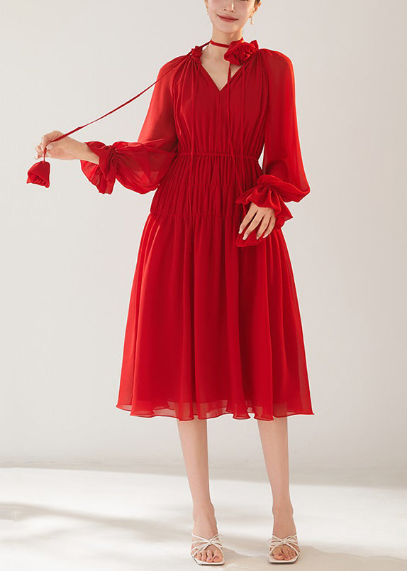 New Red Wrinkled Lace Up Chiffon Dress Fall