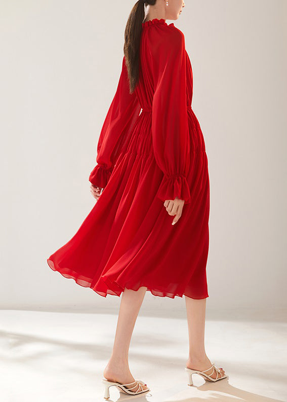 New Red Wrinkled Lace Up Chiffon Dress Fall