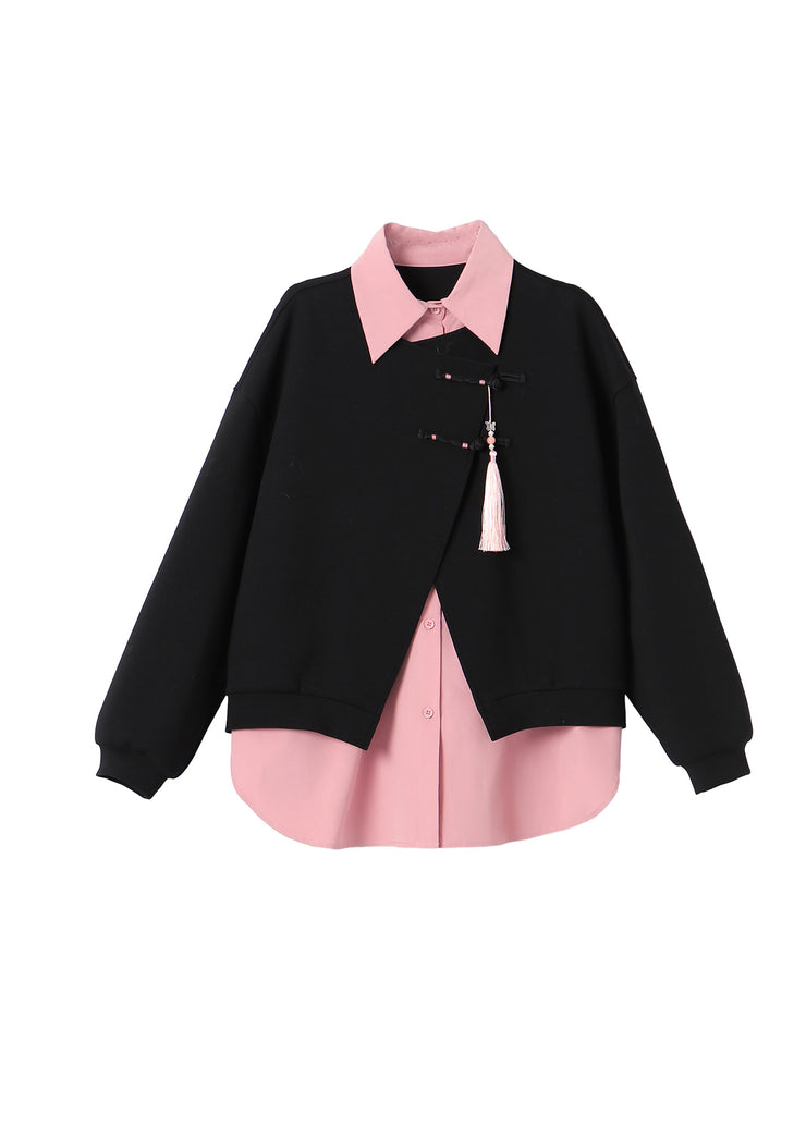 New Retro Black Peter Pan Collar Tassel Patchwork Cotton Shirt Fall