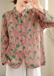 New Retro Pink Peter Pan Collar Print Chinese Button Cotton Shirts Top Fall