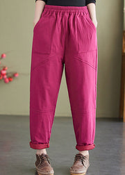 New Retro Rose Pockets Elastic Waist Fine Cotton Filled Pants Winter