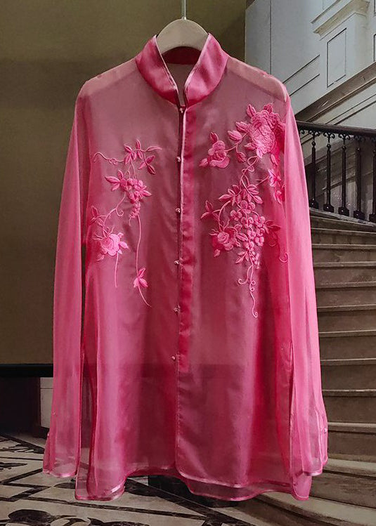 New Rose Embroidered Button Tulle Shirt Long Sleeve