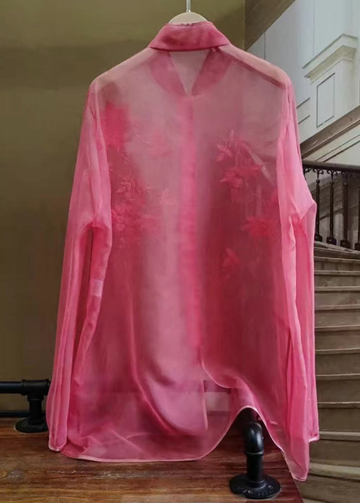 New Rose Embroidered Button Tulle Shirt Long Sleeve