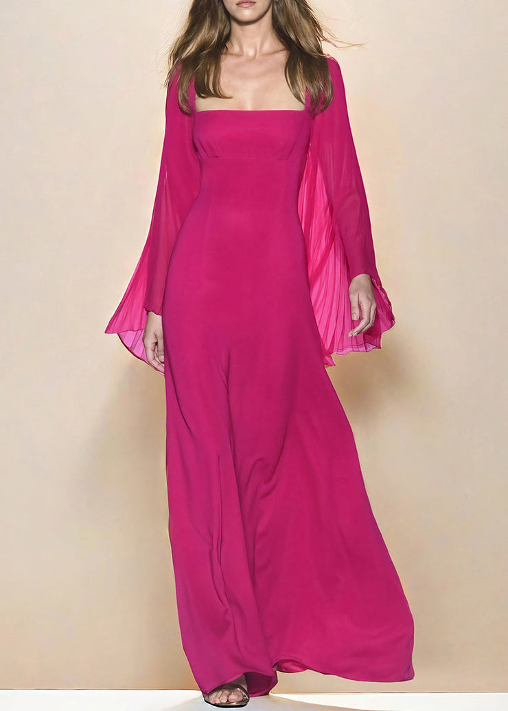 New Rose Square Collar Wrinkled Chiffon Long Dresses Fall