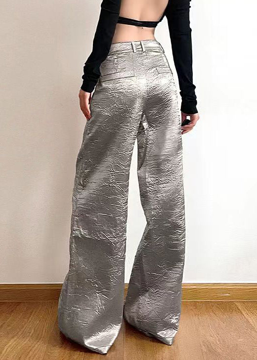 New Silver Pockets High Waist Wide Leg Pants Summer