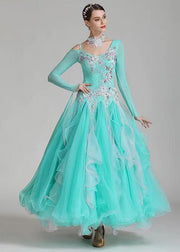 New Slim Aqua Zircon Ruffled Patchwork Dance Dress Long Sleeve