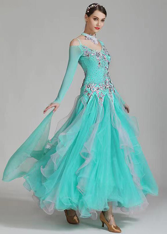 New Slim Aqua Zircon Ruffled Patchwork Dance Dress Long Sleeve