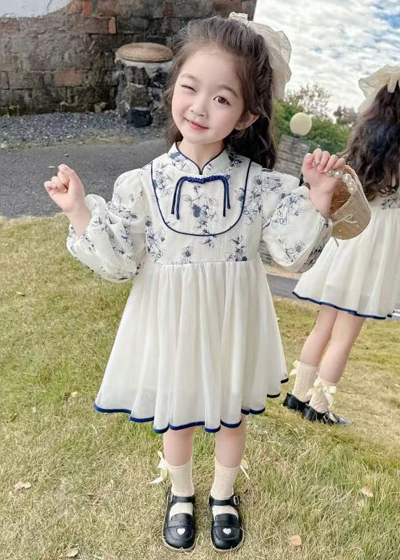 New Stand Collar Print Tulle Patchwork Girls Dresses Fall