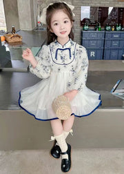 New Stand Collar Print Tulle Patchwork Girls Dresses Fall