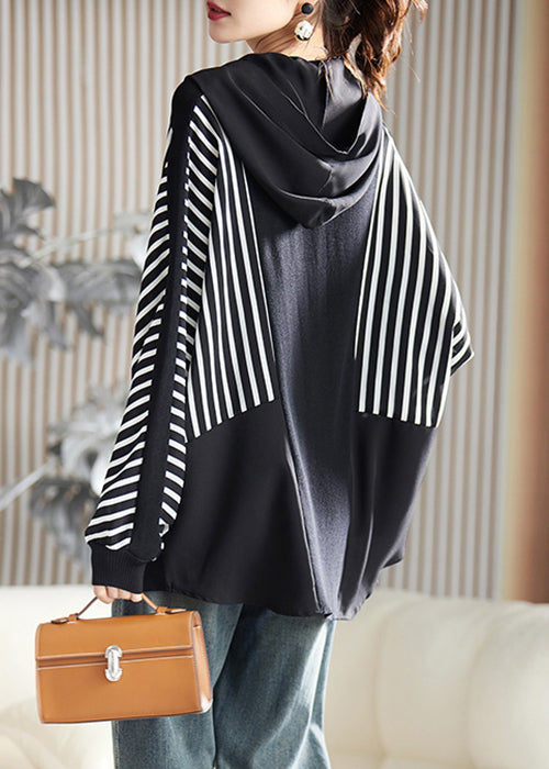 New Striped Hooded Knit Patchwork Chiffon Top Batwing Sleeve