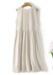 New Striped O Neck Button Cotton Long Dresses Sleeveless