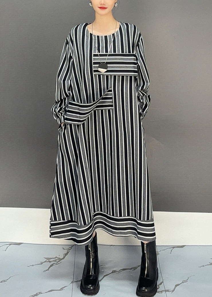 New Striped O Neck Pockets Cotton Long Dress Fall