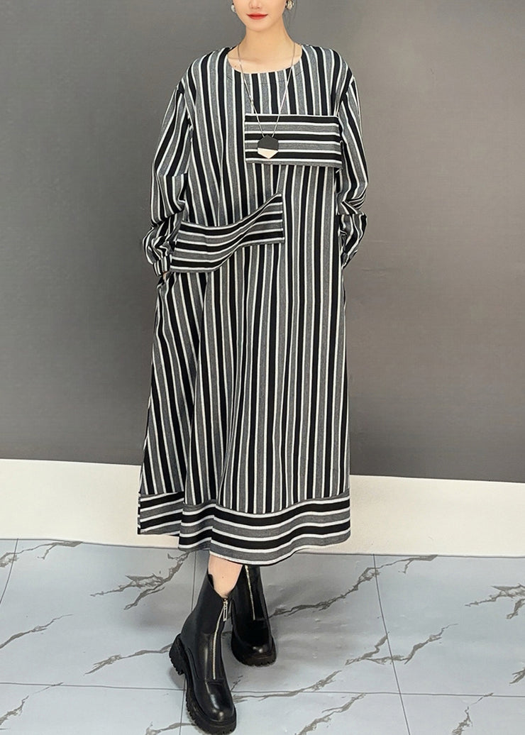 New Striped O Neck Pockets Cotton Long Dress Fall