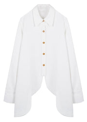 New White Asymmetrical Button Patchwork Cotton Shirt Tops Fall