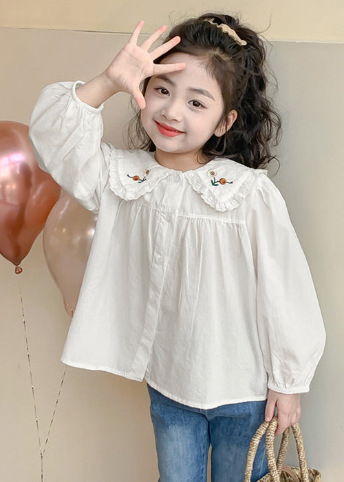 New White Button Solid Cotton Kids Girls Shirts Spring