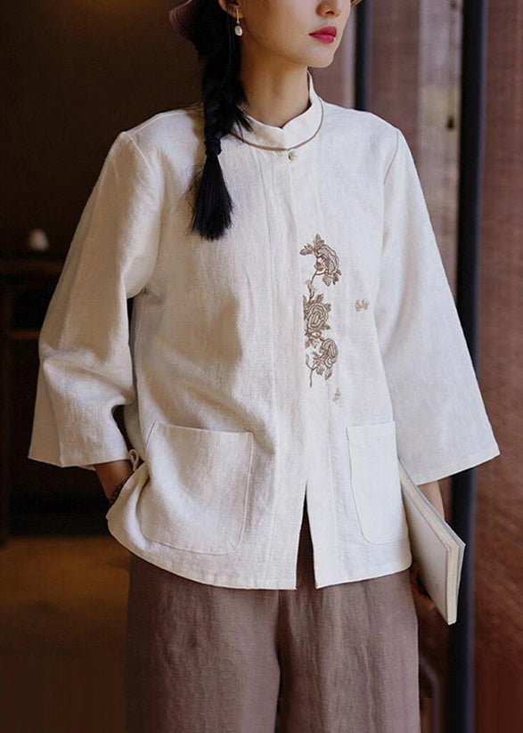 New White Embroidered Pockets Linen Shirt Long Sleeve