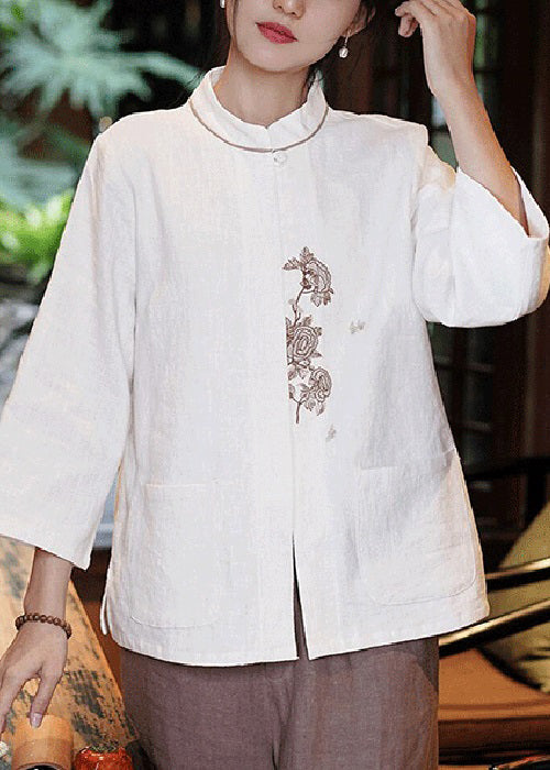 New White Embroidered Pockets Linen Shirt Long Sleeve