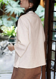 New White Embroidered Pockets Linen Shirt Long Sleeve