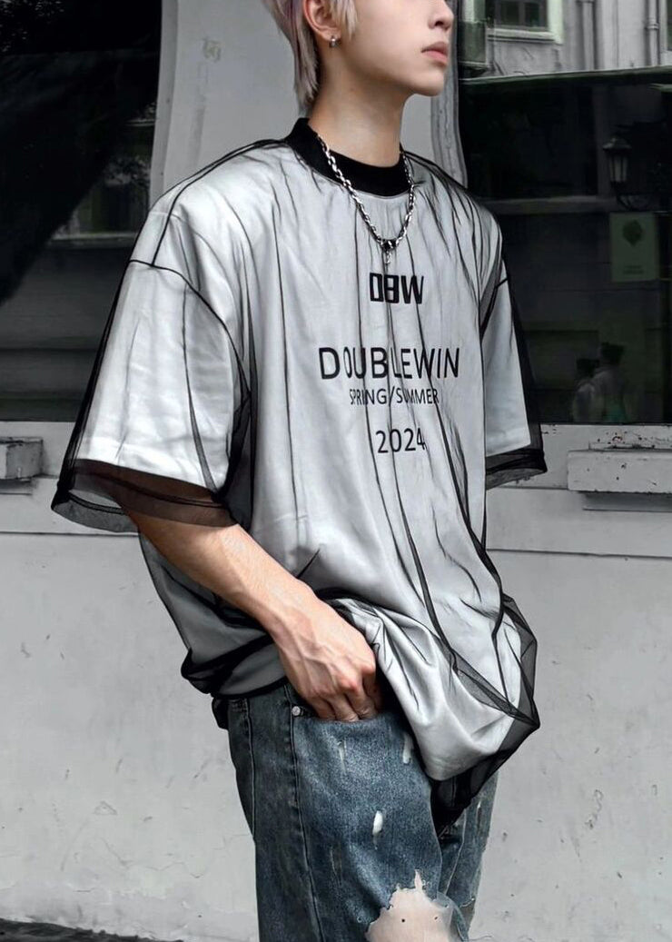 New White Letter Tulle Patchwork Men T Shirts Summer