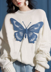 New White O Neck Butterfly Cozy Knit Sweater Fall