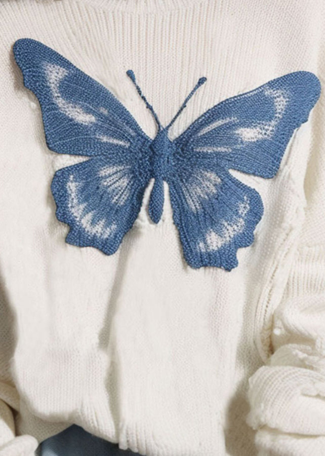 New White O Neck Butterfly Cozy Knit Sweater Fall