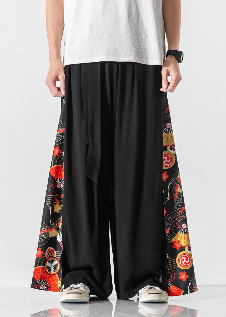 New White Pockets Print Patchwork Cotton Men Wide Leg Pants Summer