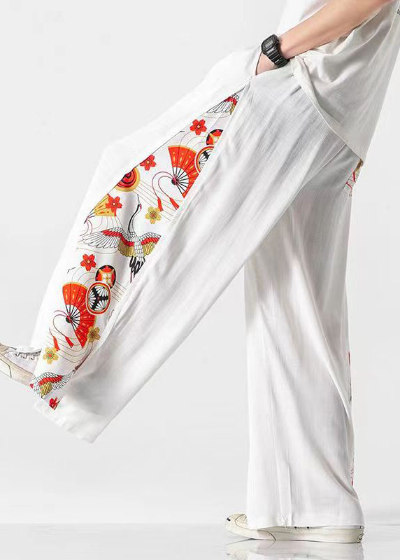 New White Pockets Print Patchwork Cotton Men Wide Leg Pants Summer