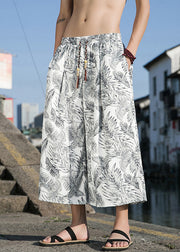 New White Print Pockets Elastic Waist Cotton Mens Wide Leg Pants Summer