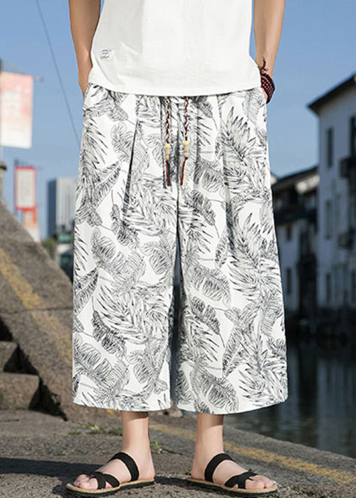 New White Print Pockets Elastic Waist Cotton Mens Wide Leg Pants Summer