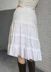 New White Ruffled Lace Up Hollow Out Patchwork Cotton Skirts Summer