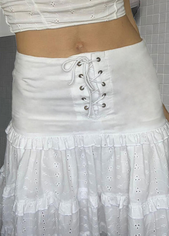 New White Ruffled Lace Up Hollow Out Patchwork Cotton Skirts Summer