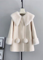 New White Square Collar Fuzzy Ball Decorated  Woolen Coats Winter