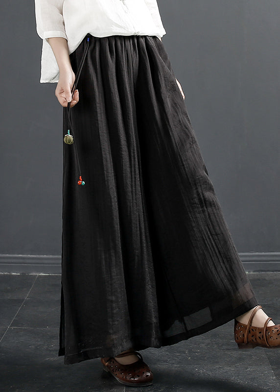 New Khaki Tasseled Side Open Silk Linen Wide Leg Pants