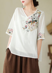 New White V Neck Embroidered Cotton Shirt Summer