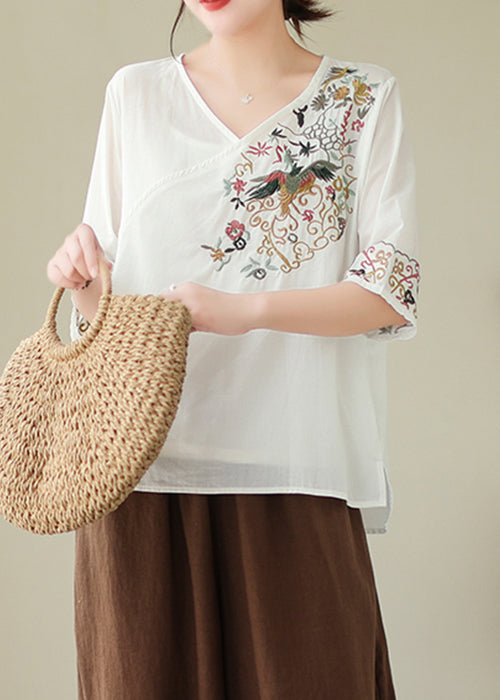 New White V Neck Embroidered Cotton Shirt Summer