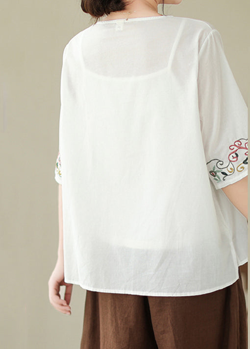 New White V Neck Embroidered Cotton Shirt Summer