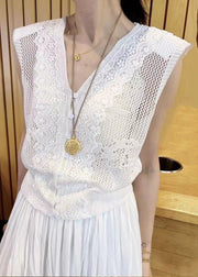 New White V Neck Hollow Out Button Knit Waistcoat Sleeveless