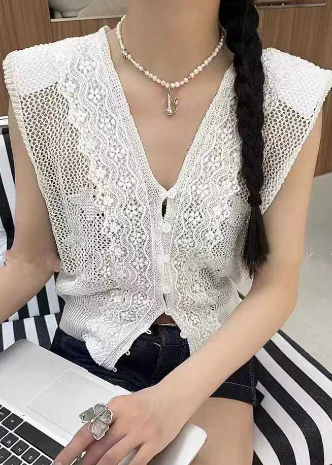 New White V Neck Hollow Out Button Knit Waistcoat Sleeveless