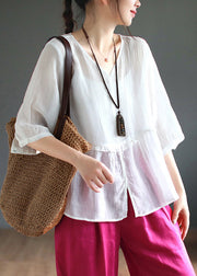 New White V Neck Ruffled Patchwork Linen Shirt Tops Summer