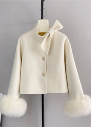 New Yellow Wool Bow Button Fox Hair Cuff Short Coat Winter