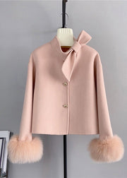 New Yellow Wool Bow Button Fox Hair Cuff Short Coat Winter