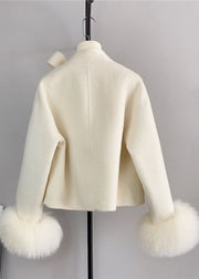 New Pink Wool Bow Button Fox Hair Cuff Short Coat Winter