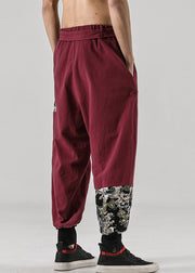 New Wine Red Pockets Elastic Waist Cotton Summer Mens Harem Pants