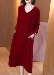 New Wine Red Solid Pockets Silk Velour Dress Long Sleeve