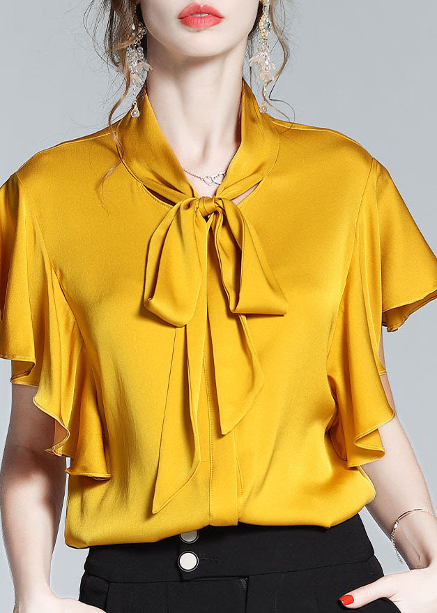 New Yellow Bow Ruffled Patchwork Silk Shirt Tops Summer