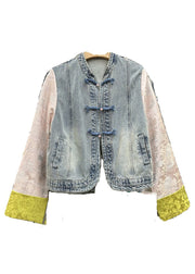 New Yellow Button Patchwork Denim Coats Long Sleeve